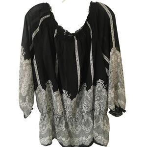 Elementz XL Sheer Blouson Blouse Black & Gray Long Sleeves Gathered Waist Top